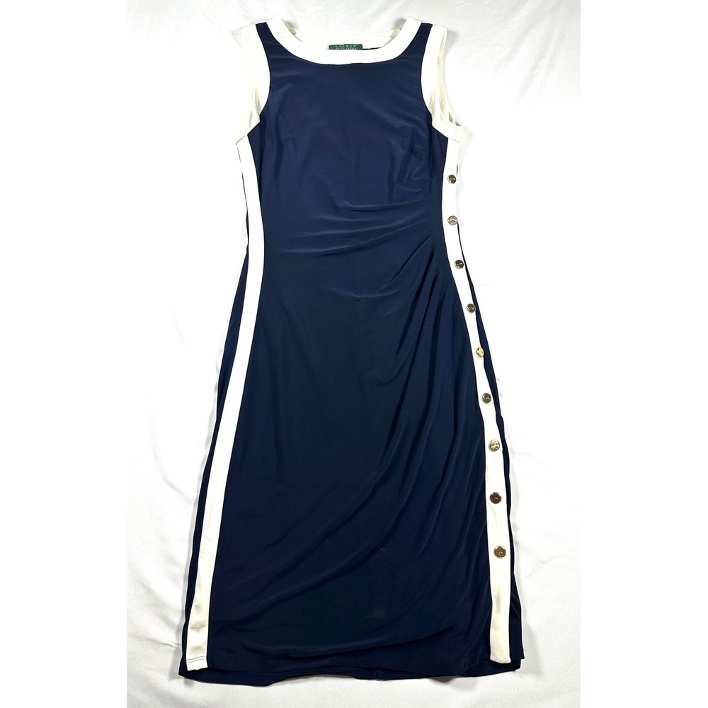Ralph Lauren bodycon Navy Blue Cream Snap Button Side Slit Dress 6con